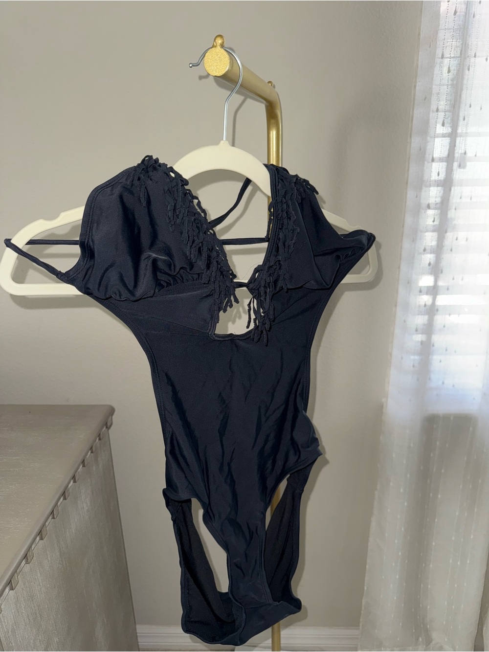 Ninety Nine Degrees Black Fringe Trim Halter Cut Out One-Piece Swimsuit - Picture 5 of 5